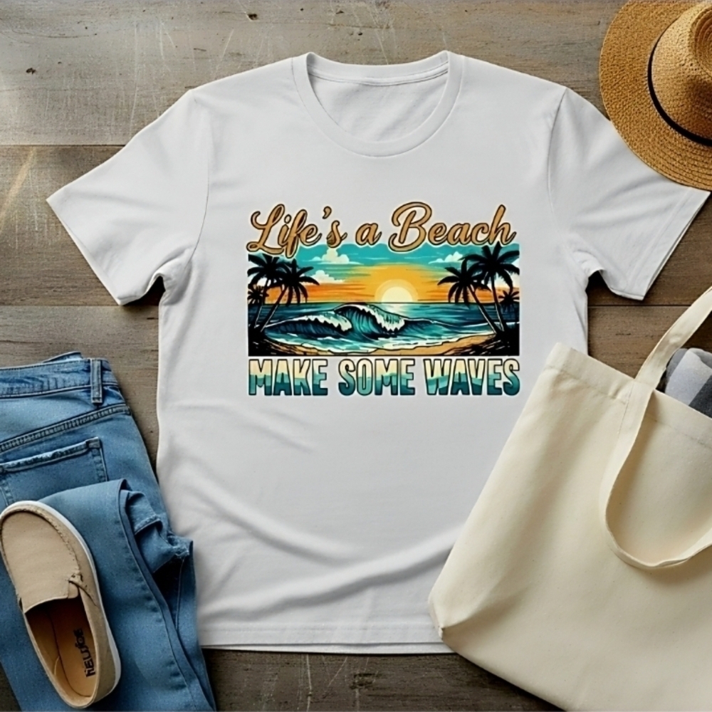 Life’s a Beach Graphic Tee • Make Some Waves Shirt • Retro Palm Tree Summer